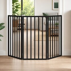 Dog Gate Foldable 3 Panels Black 150 cm Pet Safety Barrier Poplar Wood