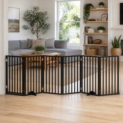 Dog Gate Foldable 6 Panels Black Poplar Wood Pet Safety Barrier Door Enclosure