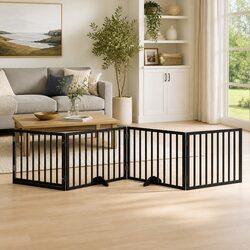 Dog Gate Foldable 4 Panels with Door Black Poplar Wood Pet Barrier Safety