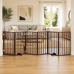 Dog Gate Foldable 6 Panels Brown Poplar Wood Pet Safety Barrier Door Lock Stairs