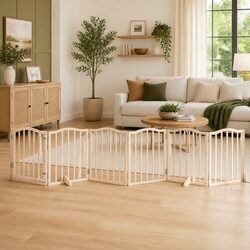 Dog Gate Foldable 6 Panels 300cm Poplar Wood Pet Safety Barrier with Door Lock