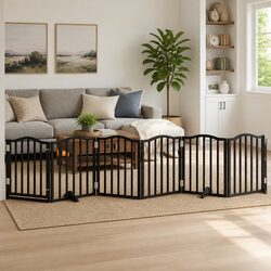 Dog Gate Foldable 6 Panels Black 300cm Poplar Wood Pet Safety Barrier Door