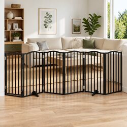 Dog Gate Foldable 6 Panels Black 300cm Pet Safety Barrier Poplar Wood Playpen