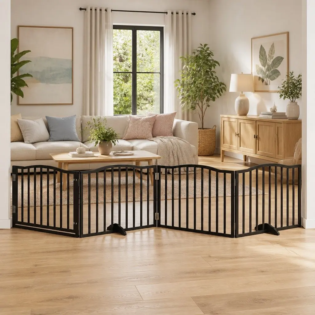 Dog Gate Foldable 4 Panels Black 320cm Poplar Wood Pet Safety Barrier