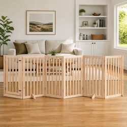Dog Gate Foldable 6 Panels 300cm Poplar Wood Pet Safety Barrier with Door Lock