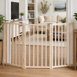 Dog Gate Foldable 3 Panels 150cm Solid Wood Fir Brown Pet Safety Barrier