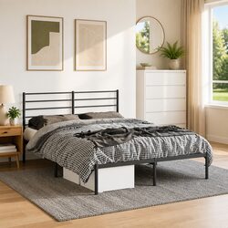 Metal Bed Frame 135x190 cm with Headboard Storage Space Bedroom Black Slatted