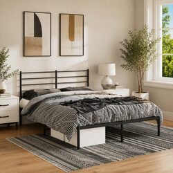 Metal Bed Frame 150x200 cm Black with Headboard Slatted Base Bedroom Furniture
