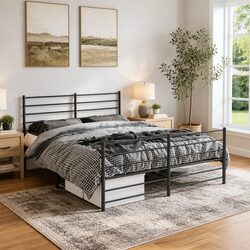 Metal Bed Frame 150x200 cm Black Footboard Slatted Base Bedroom Furniture