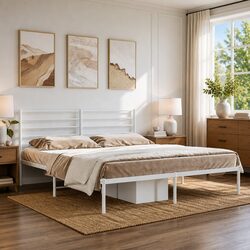 Metal Bed Frame King Size 183x203 cm with Headboard Slatted Base White