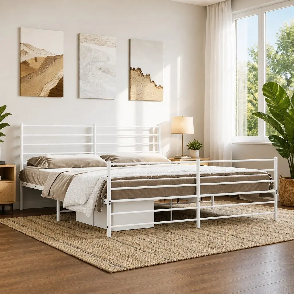 Metal Bed Frame King Size 183x203 cm Powder-coated Steel White with Headboard and Footboard