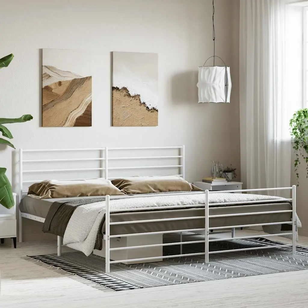 Metal Bed Frame King Size 183x203 cm Powder-coated Steel White with Headboard and Footboard