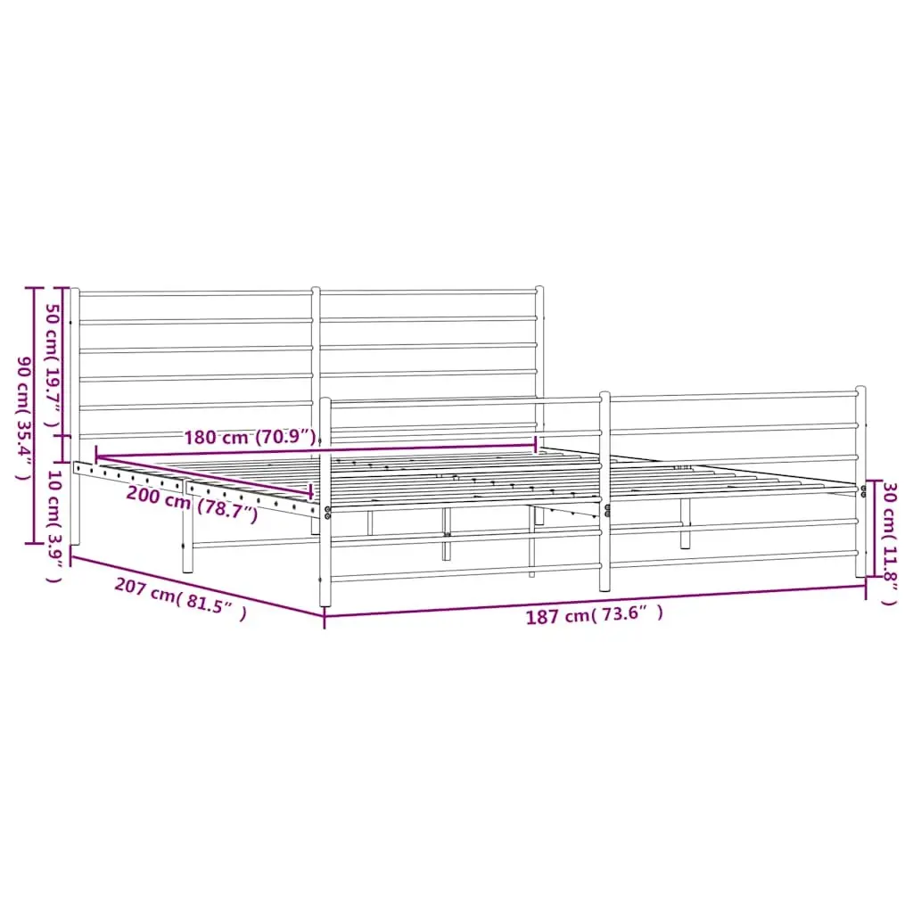 Metal Bed Frame King Size 183x203 cm Powder-coated Steel White with Headboard and Footboard