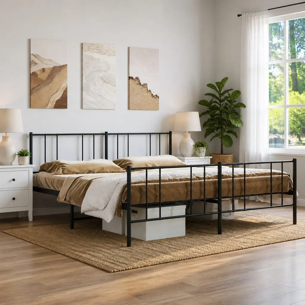 Metal Bed Frame King Size 183x203cm Black Bedroom Furniture Footboard Slats