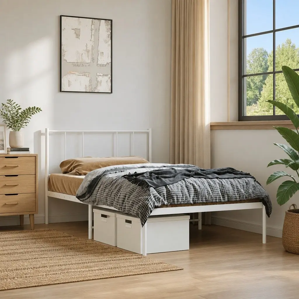 Metal Bed Frame King Single 107x203cm White Headboard Bedroom Furniture Slatted