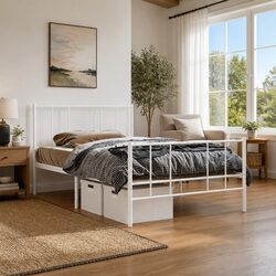 Metal Bed Frame King Single 107x203 cm Slatted Base Footboard White Bedroom