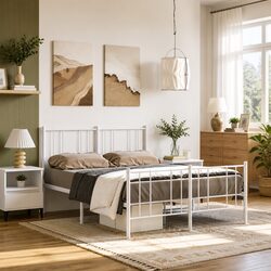 Metal Bed Frame White Footboard Bedroom Furniture 135x190cm Slatted Base Support