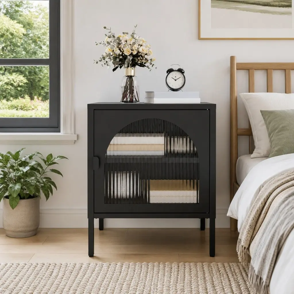 Bedside Table Black Nightstand Powder-coated Steel Fluted Glass Storage Cabinet Drawer
