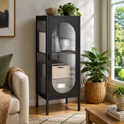 Sideboard Black Glass Steel Cabinet Storage Furniture Fluted Design Modern Home
