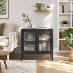 Sideboard Black Glass Steel Cabinet Storage Cupboard Furniture Fluted 70x35x70cm