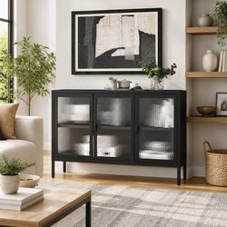 Black Sideboard Cabinet 105x35x70 cm Fluted Glass Steel Storage Furniture