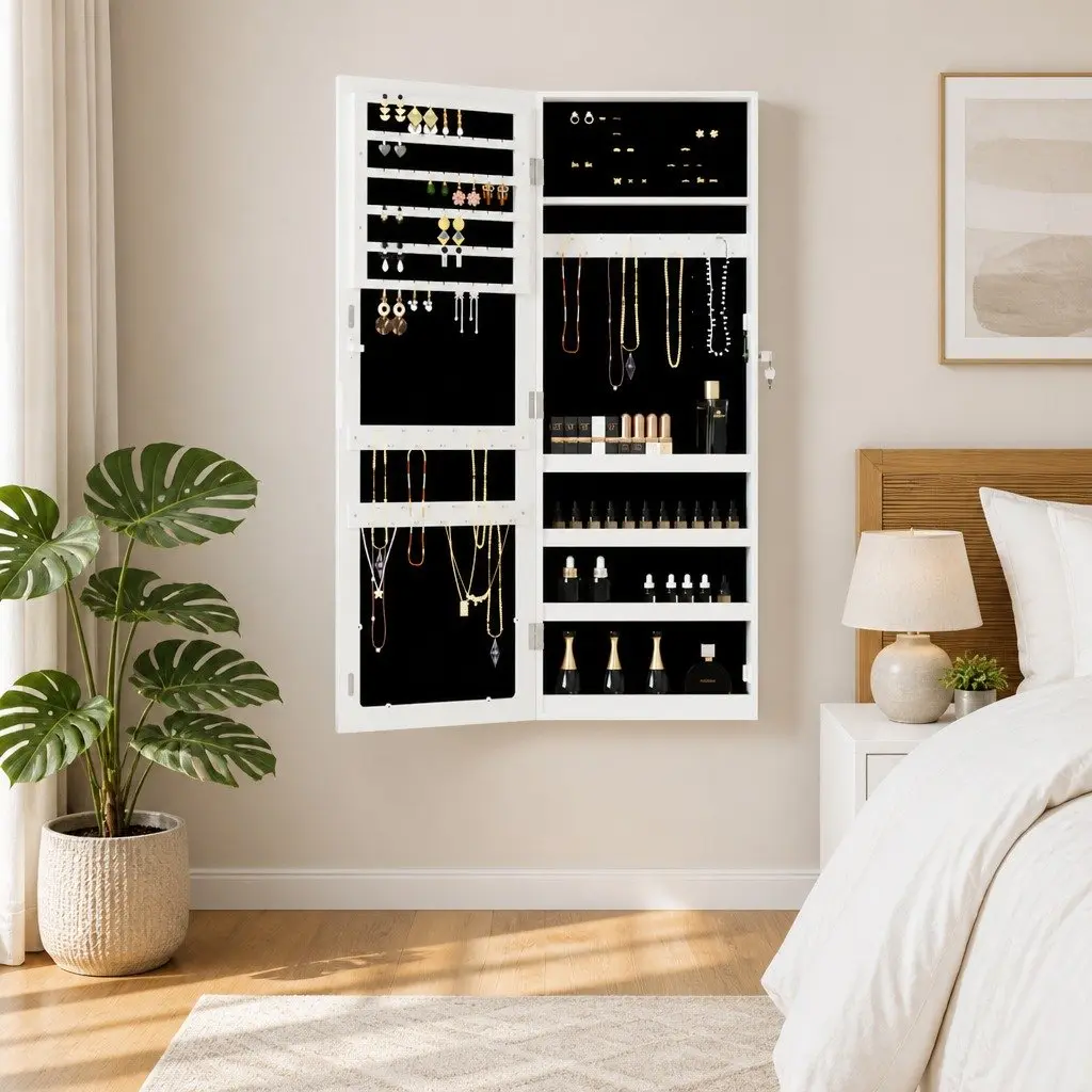 Wall Mounted Jewellery Cabinet Full Length Mirror White Storage Organiser with Lock Door