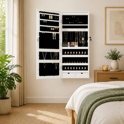 Mirror Jewellery Cabinet Wall Mounted LED Lights Storage Organiser White