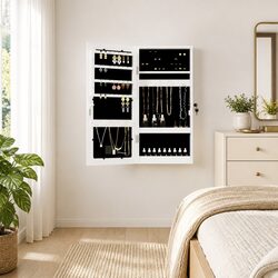 Wall Mounted Mirror Jewellery Cabinet LED Lights Storage Organizer White