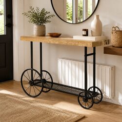Console Table 112x36x76 cm Industrial End Table with Storage Shelf and Wheels