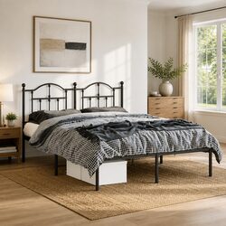 Metal Bed Frame 150x200 cm with Headboard Black Steel Bedroom Furniture