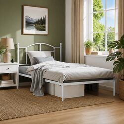 Metal Bed Frame King Single White 107x203cm Headboard Steel Slatted Base Storage