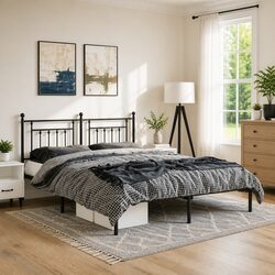 Metal Bed Frame 135x190 cm with Headboard Black Slatted Base Bedroom Furniture