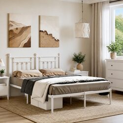 Metal Bed Frame with Headboard White 150x200 cm Bedroom Furniture Slatted Base