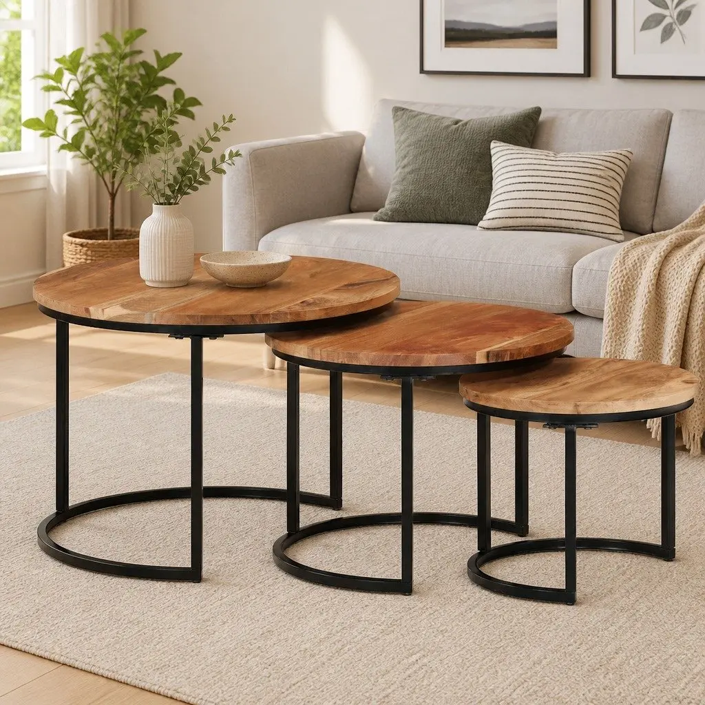 Nesting Tables 3 Pcs Solid Wood Acacia Brown Coffee Side Table Storage Set