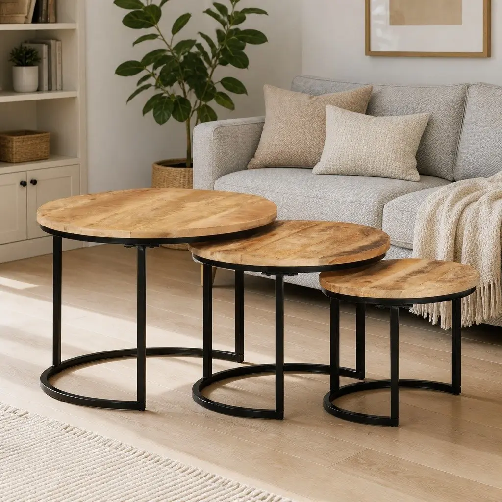 Nesting Tables Set Solid Mango Wood 3 Piece Coffee Table Side Table Brown