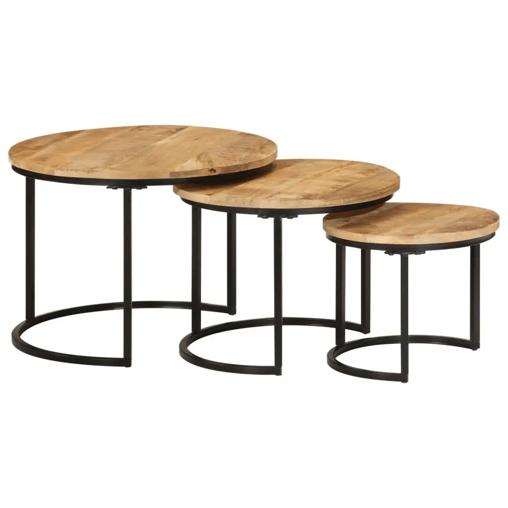 Nesting Tables Set Solid Mango Wood 3 Piece Coffee Table Side Table Brown