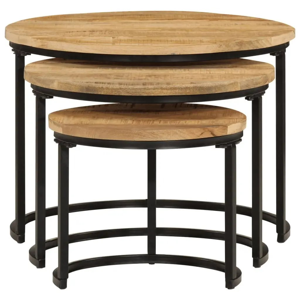 Nesting Tables Set Solid Mango Wood 3 Piece Coffee Table Side Table Brown