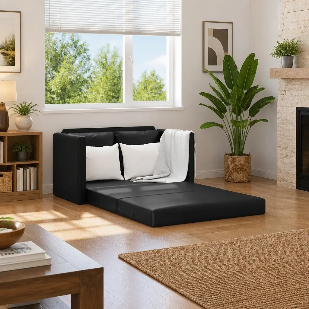Floor Sofa Bed 2-in-1 Convertible Loveseat Faux Leather Black