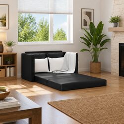 Floor Sofa Bed 2-in-1 Convertible Loveseat Double Bed Faux Leather Black