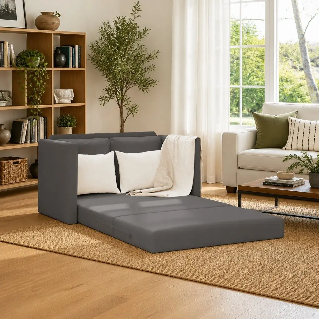 Floor Sofa Bed 2-in-1 Convertible Loveseat Grey Folding Sleeper Living Room