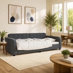 Day Bed Sofa Bed 90x190cm Grey Velvet Upholstered Sleeper Couch Bedroom Living
