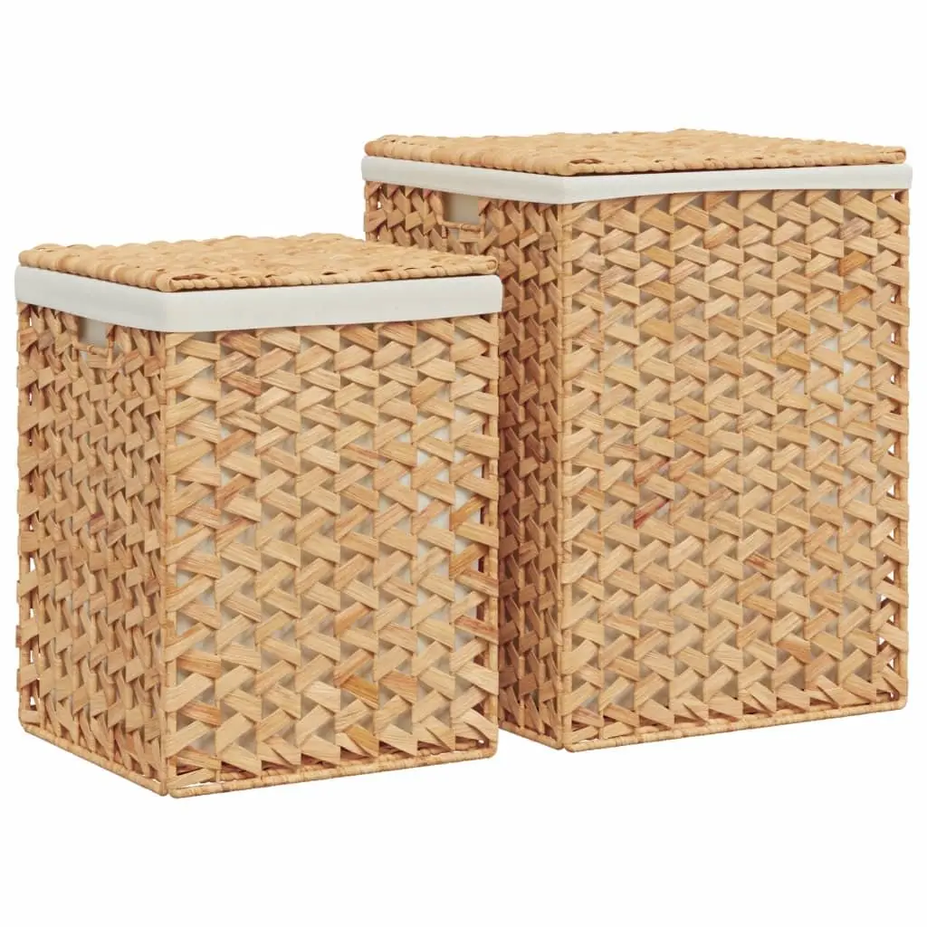 Laundry Baskets 2 pcs Foldable with Lid and Handle Water Hyacinth Brown