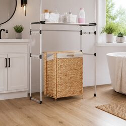 Laundry Basket 44x34x64 cm Brown Water Hyacinth Storage Hamper with Lid Handle