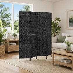 4-Panel Room Divider Screen Water Hyacinth Black Privacy Folding Partition