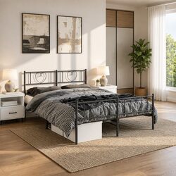 Metal Bed Frame 150x200cm Black with Footboard Slatted Base Bedroom Furniture
