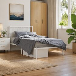 Metal Bed Frame King Single White 107x203 cm Headboard Steel Slatted Base