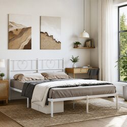 Metal Bed Frame with Headboard White 150x200 cm Bedroom Furniture Steel Slatted