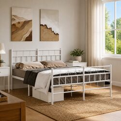 Metal Bed Frame with Footboard Slatted Base White 150x200 cm Bedroom Furniture