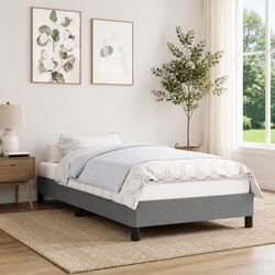 King Single Bed Frame Grey Fabric Upholstered Plywood Slats Sturdy Support Legs