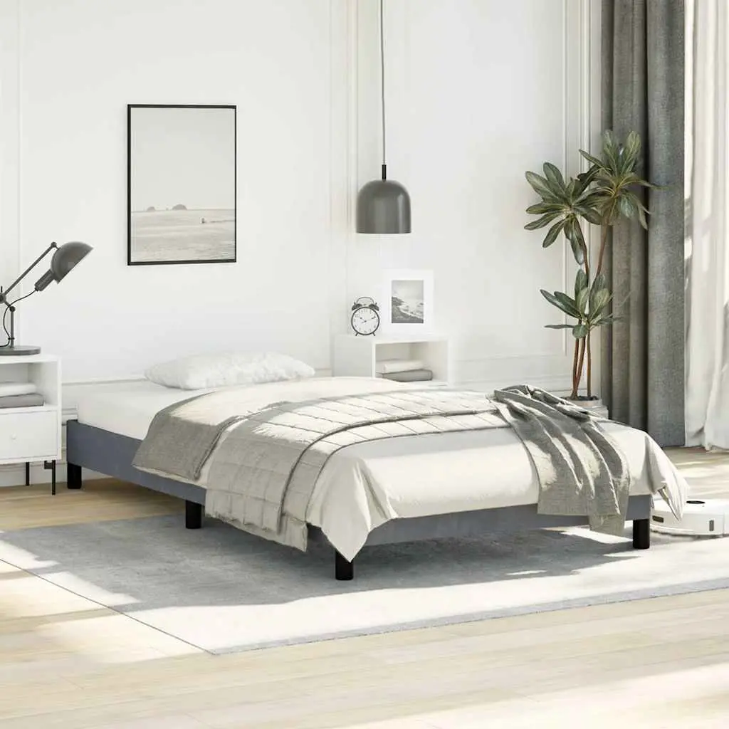 King Single Bed Frame Grey Velvet Upholstered Plywood Slats Sturdy Legs